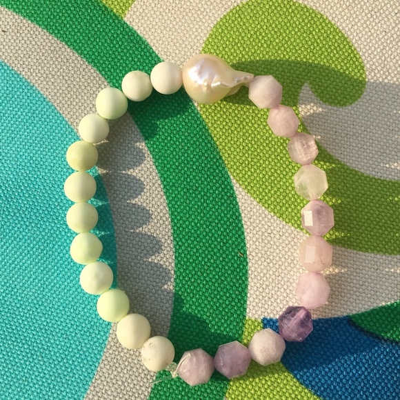 Baroque pearl, amethyst, ametrine, lemon chrysoprase stretch bracelet handmade - Picture 6 of 8